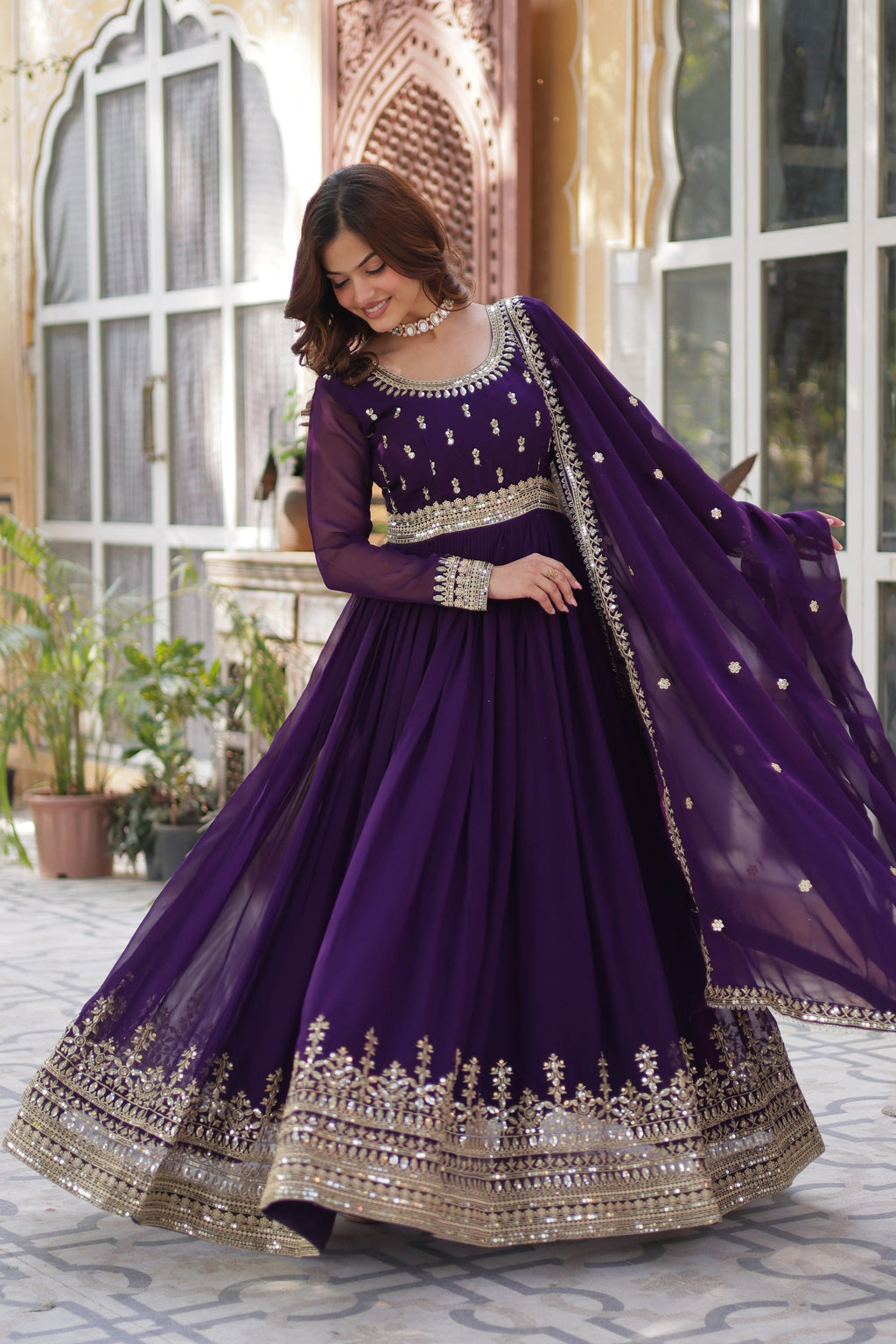 Jyoti Fashion Purple Faux Blooming Embroidered Anarkali Set With Dupatta | Grocsy