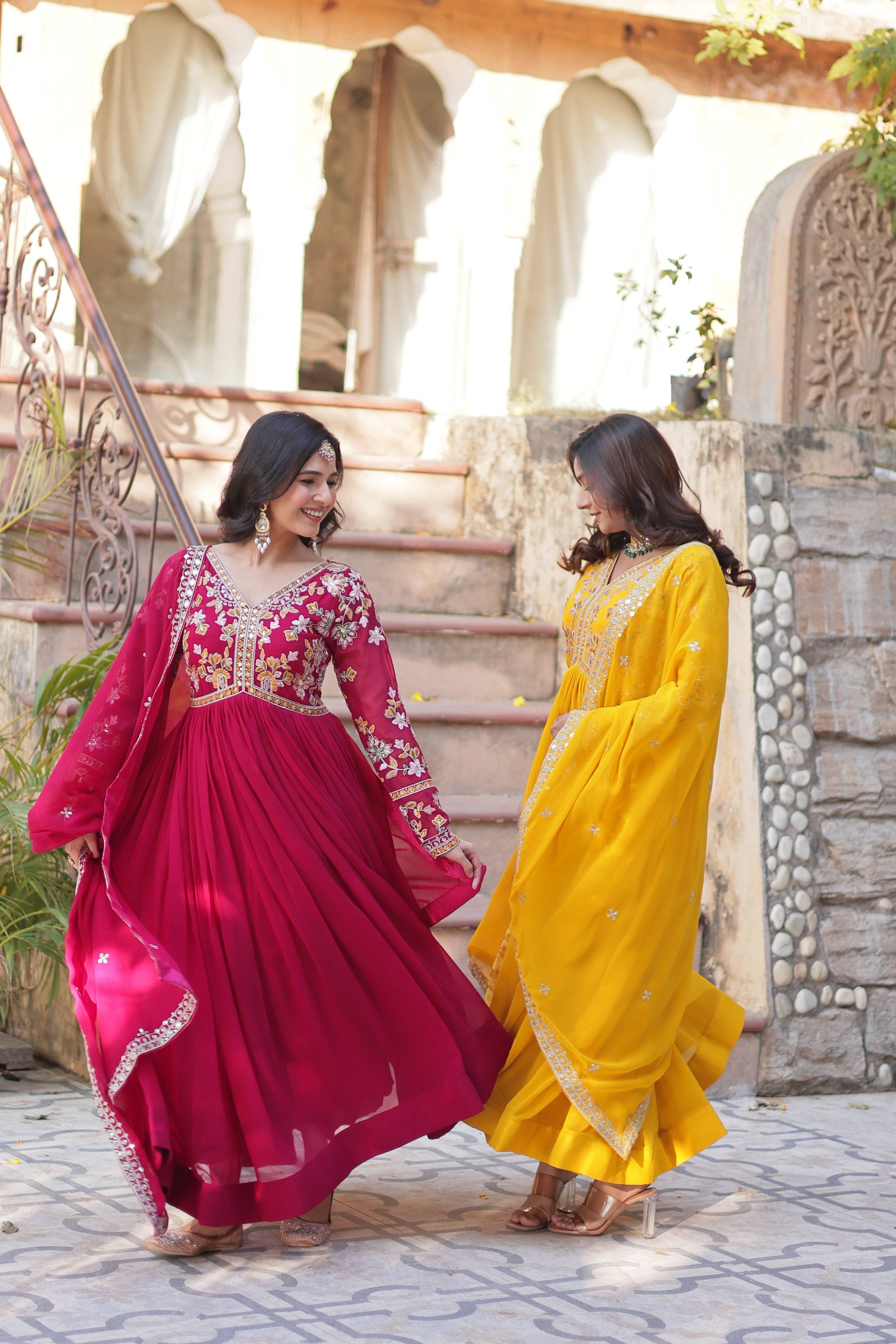 Jyoti Fashion Pink & Yellow Faux Blooming Embroidered Anarkali Set With Dupatta | Grocsy