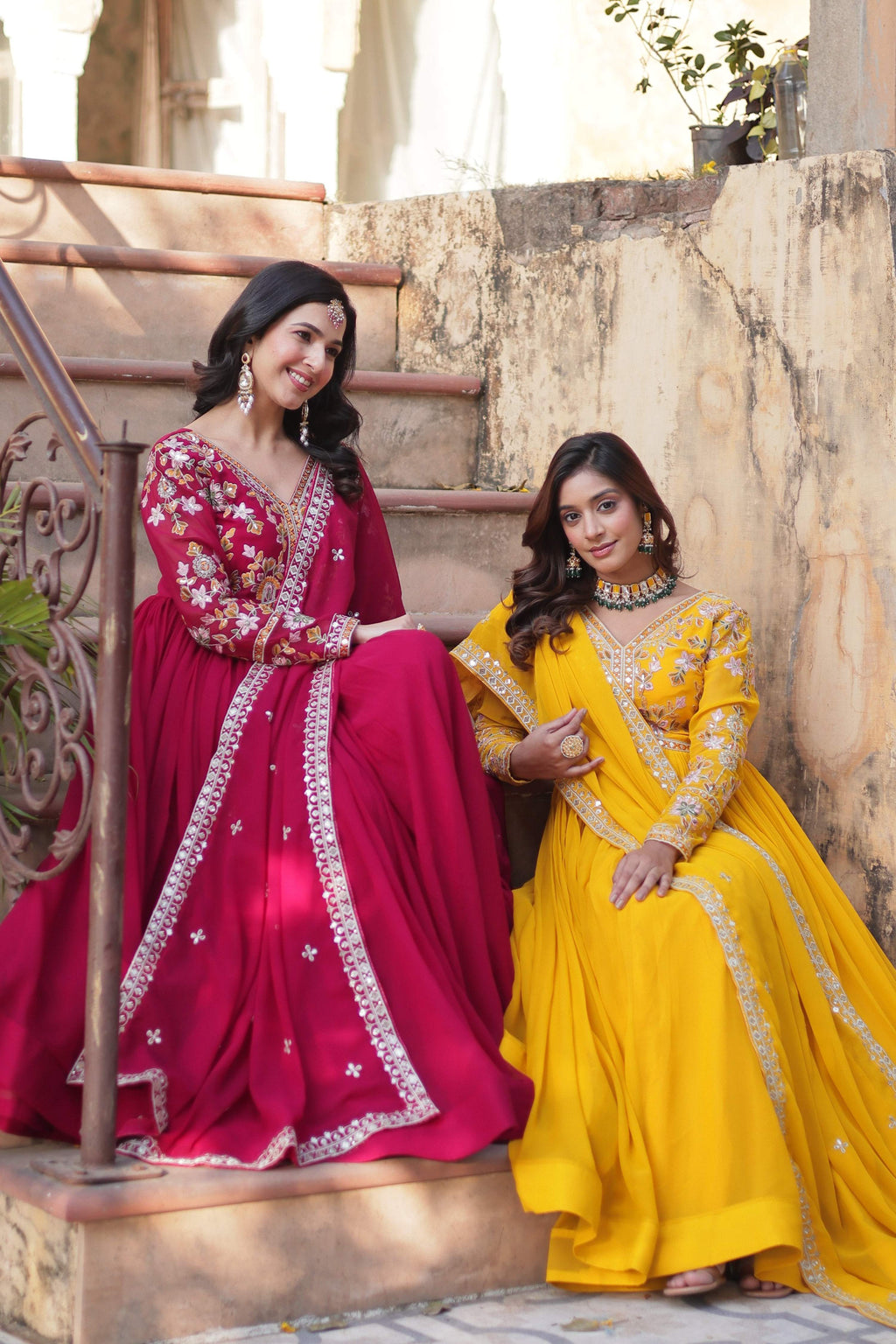 Jyoti Fashion Pink & Yellow Faux Blooming Embroidered Anarkali Set With Dupatta | Grocsy