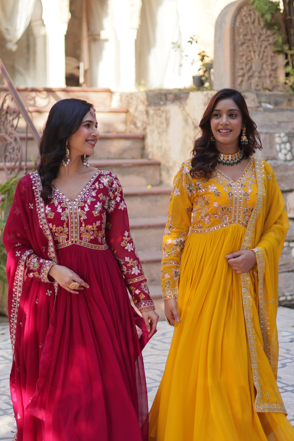 Jyoti Fashion Pink & Yellow Faux Blooming Embroidered Anarkali Set With Dupatta | Grocsy