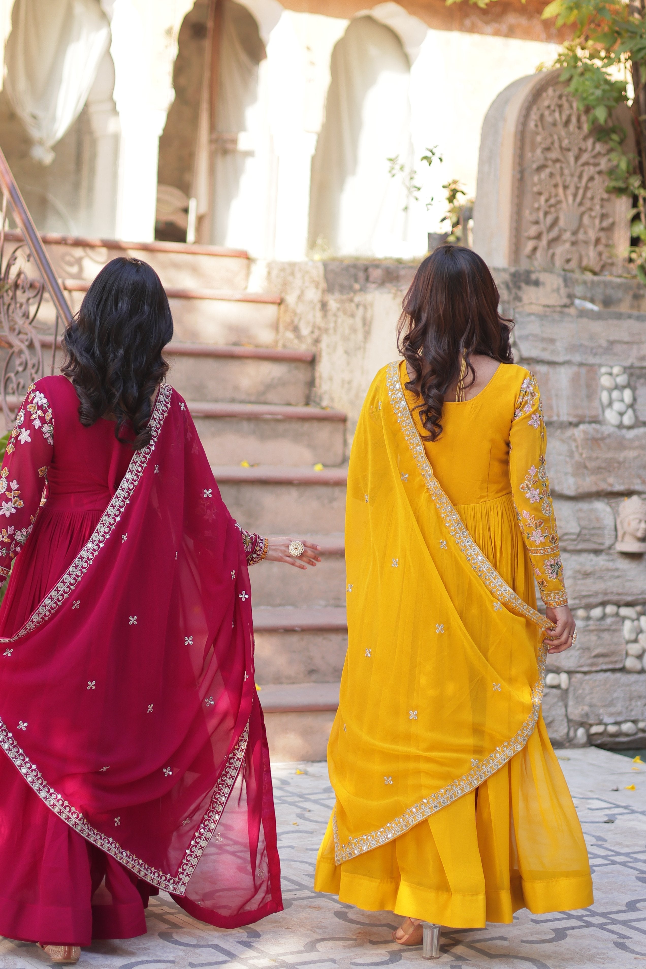 Jyoti Fashion Pink & Yellow Faux Blooming Embroidered Anarkali Set With Dupatta | Grocsy