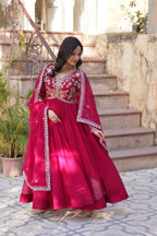 Jyoti Fashion Pink Faux Blooming Embroidered Anarkali Set With Dupatta | Grocsy