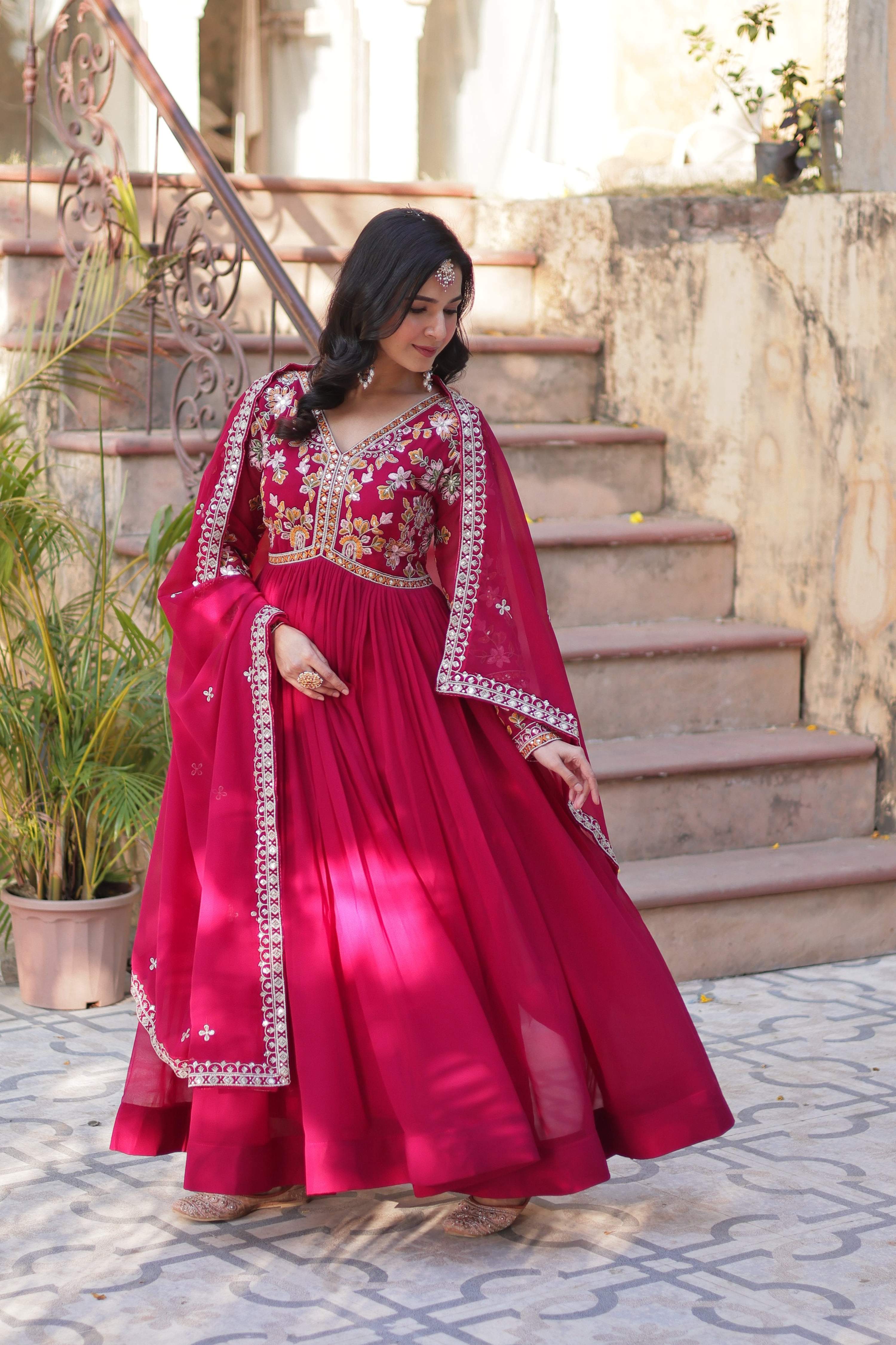 Jyoti Fashion Pink Faux Blooming Embroidered Anarkali Set With Dupatta | Grocsy