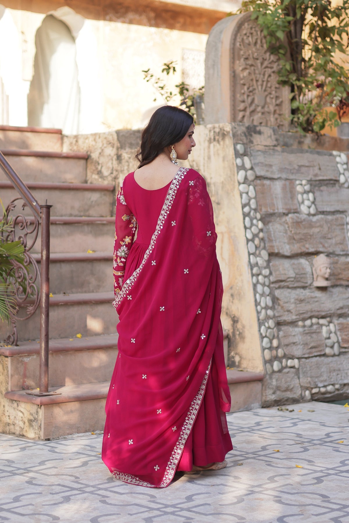 Jyoti Fashion Pink Faux Blooming Embroidered Anarkali Set With Dupatta | Grocsy