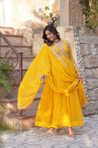 Jyoti Fashion Yellow Faux Blooming Embroidered Anarkali Set With Dupatta | Grocsy