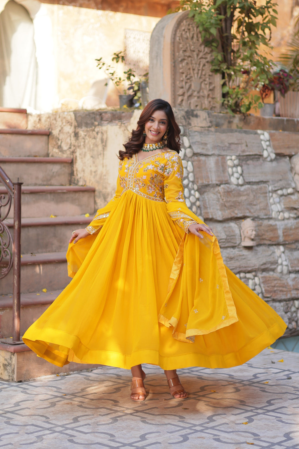Jyoti Fashion Yellow Faux Blooming Embroidered Anarkali Set With Dupatta | Grocsy