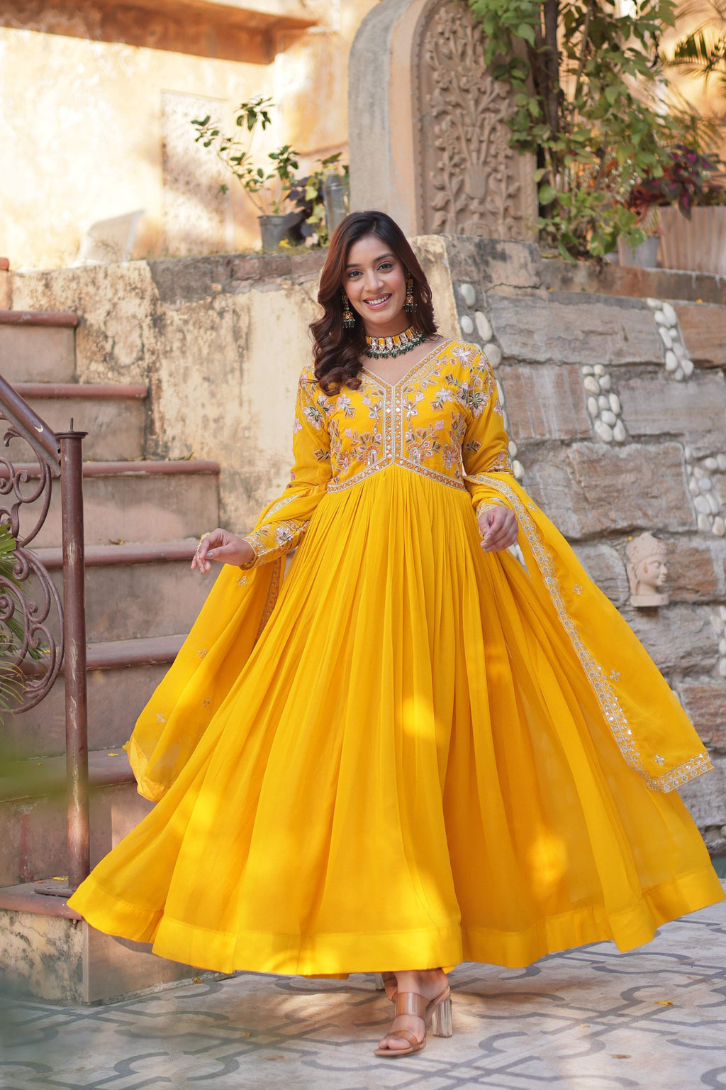 Jyoti Fashion Yellow Faux Blooming Embroidered Anarkali Set With Dupatta | Grocsy