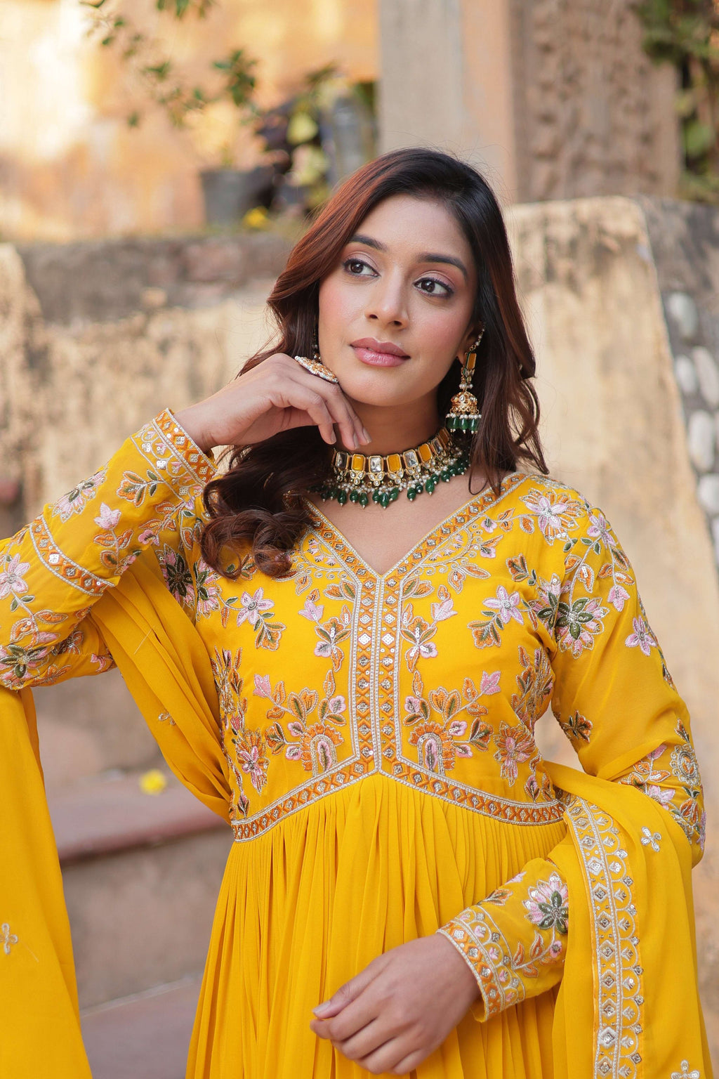 Jyoti Fashion Yellow Faux Blooming Embroidered Anarkali Set With Dupatta | Grocsy