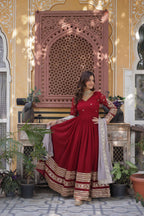Jyoti Fashion Maroon Faux Blooming Embroidered Anarkali Set With Dupatta | Grocsy