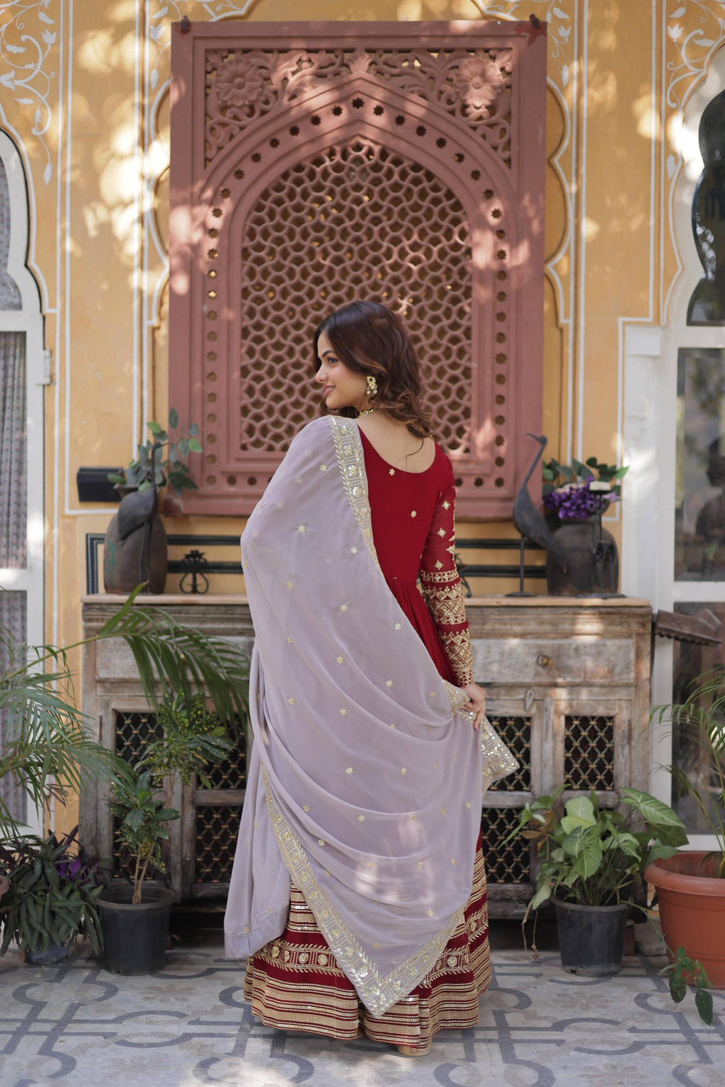 Jyoti Fashion Maroon Faux Blooming Embroidered Anarkali Set With Dupatta | Grocsy