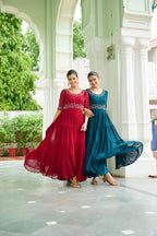 Jyoti Fashion Maroon & Rama Faux Blooming Beads Embroidered Anarkali Set | Grocsy