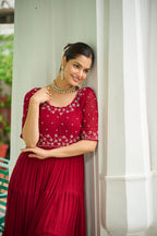 Jyoti Fashion Maroon Faux Blooming Beads Embroidered Anarkali Set | Grocsy