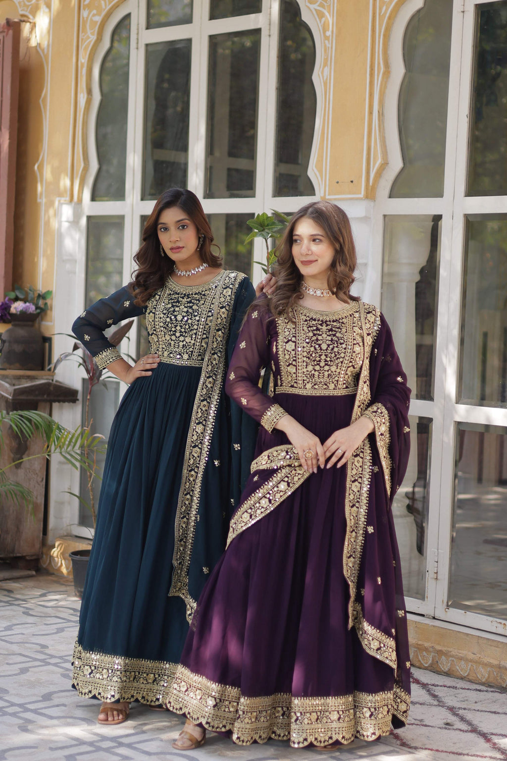 Jyoti Fashion Rama & Wine Faux Blooming Embroidered Combo Anarkali Set with Dupatta | Grocsy