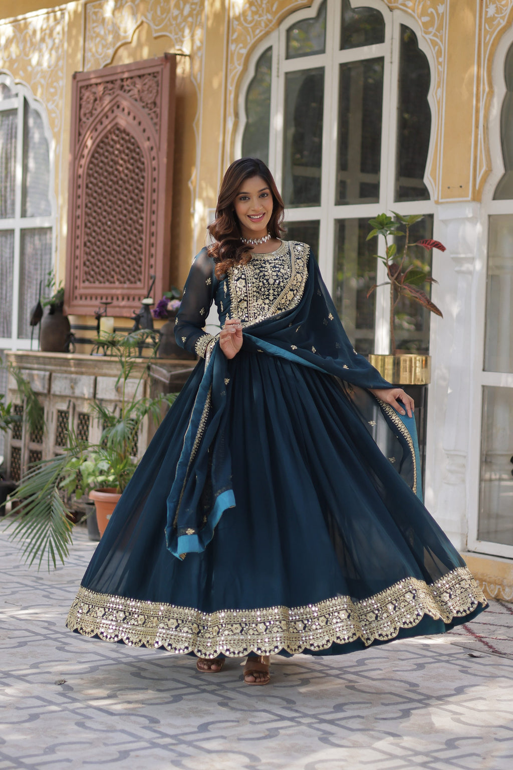 Jyoti Fashion Rama Faux Blooming Embroidered Anarkali Set with Dupatta | Grocsy