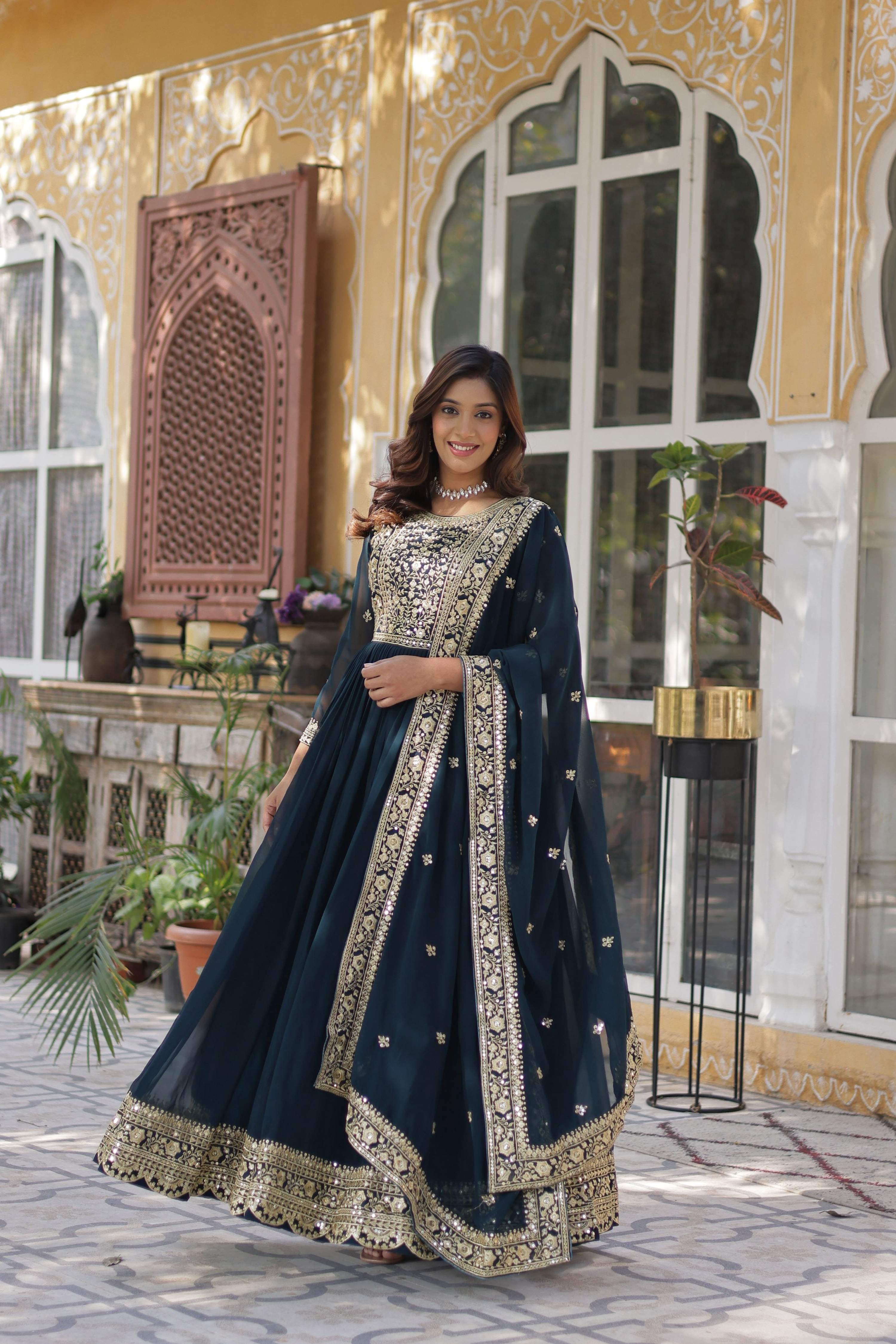 Jyoti Fashion Rama Faux Blooming Embroidered Anarkali Set with Dupatta | Grocsy