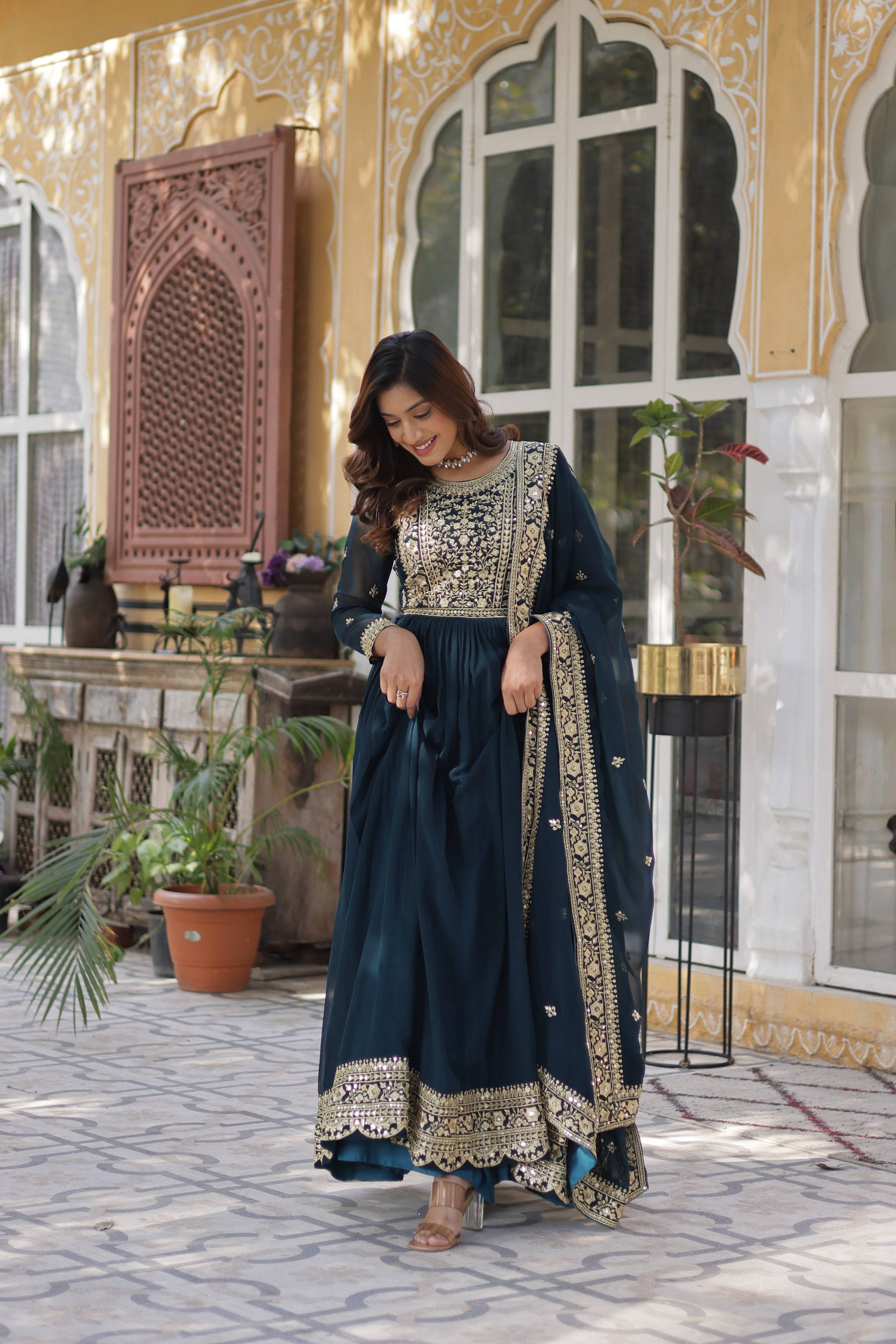 Jyoti Fashion Rama Faux Blooming Embroidered Anarkali Set with Dupatta | Grocsy