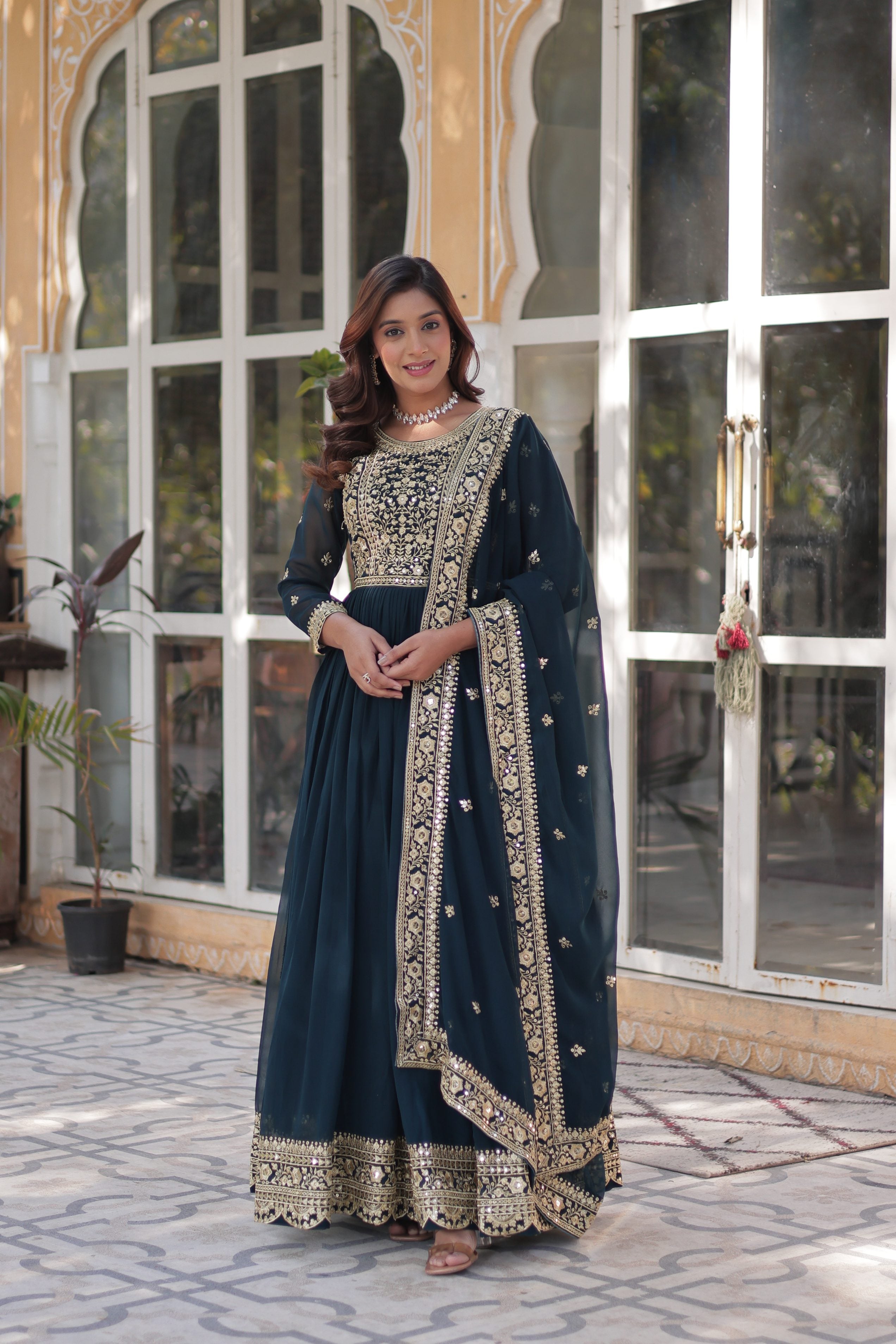 Jyoti Fashion Rama Faux Blooming Embroidered Anarkali Set with Dupatta | Grocsy