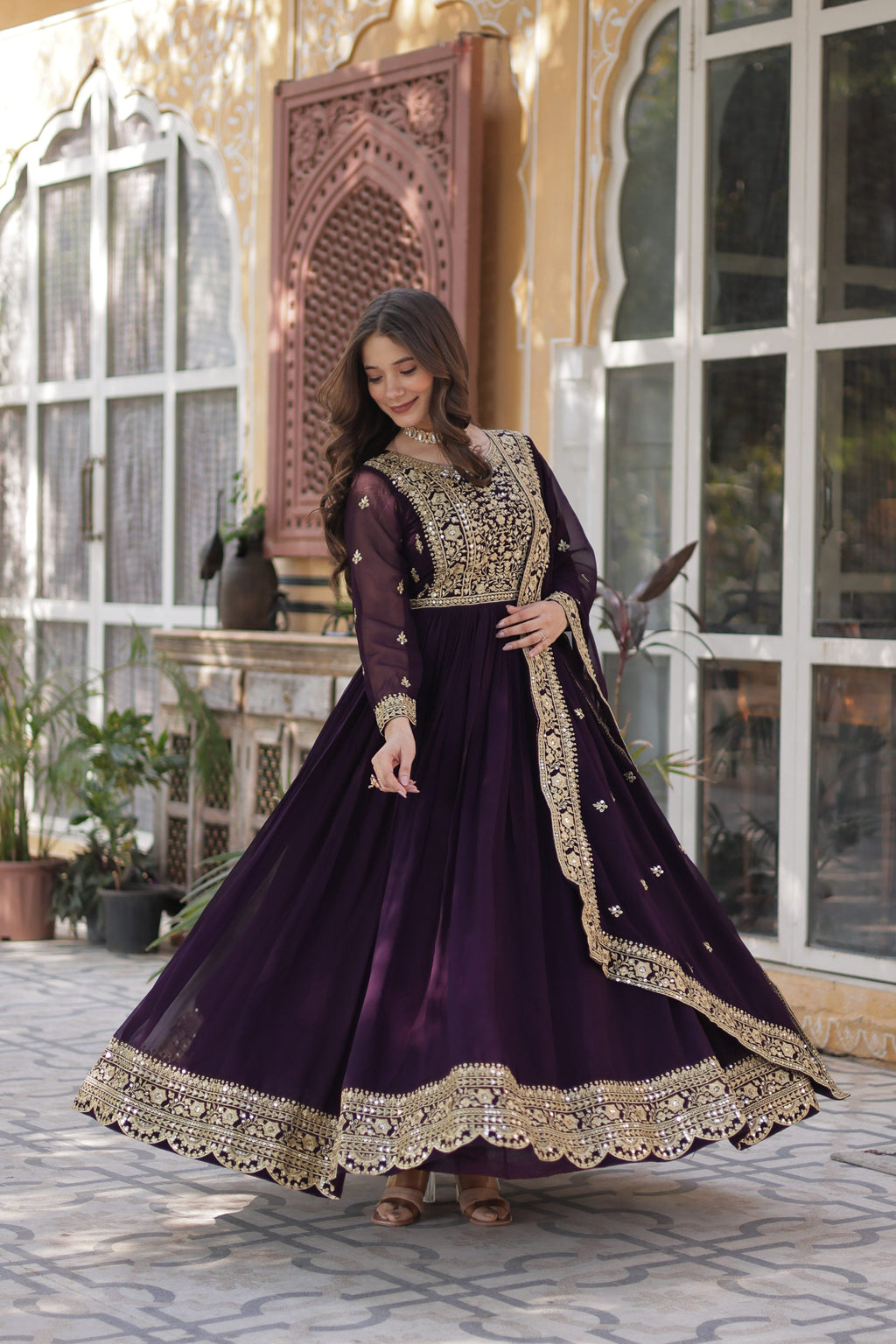 Jyoti Fashion Wine Faux Blooming Embroidered Anarkali Set with Dupatta | Grocsy