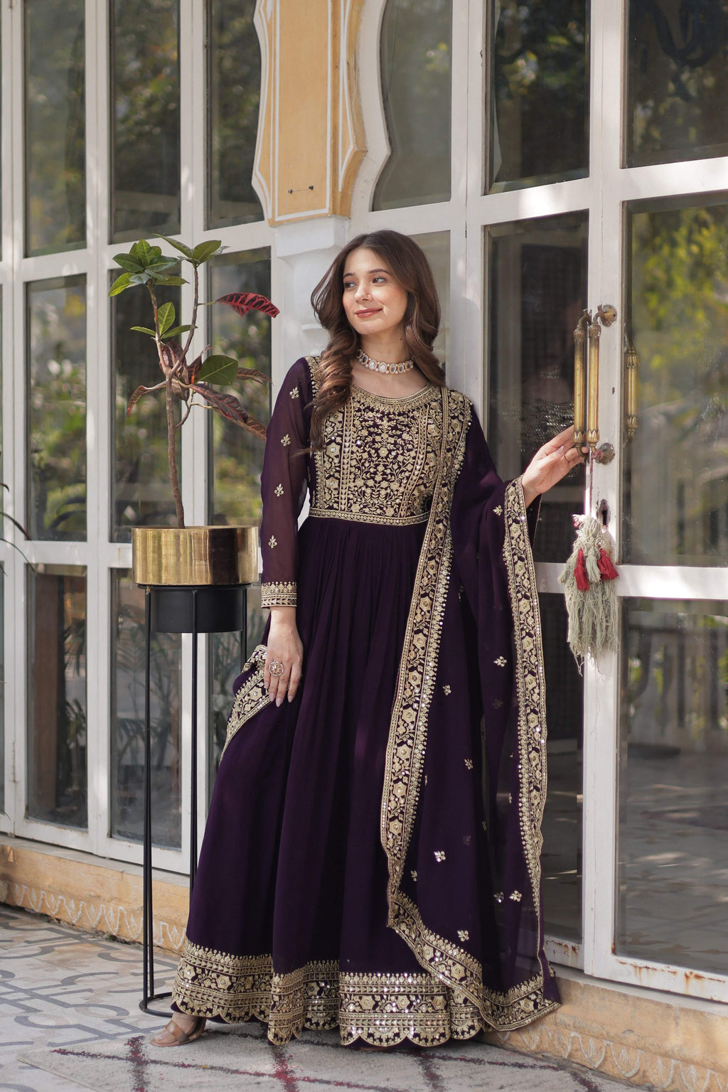 Jyoti Fashion Wine Faux Blooming Embroidered Anarkali Set with Dupatta | Grocsy