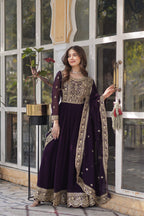 Jyoti Fashion Wine Faux Blooming Embroidered Anarkali Set with Dupatta | Grocsy