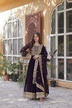 Jyoti Fashion Wine Faux Blooming Embroidered Anarkali Set with Dupatta | Grocsy