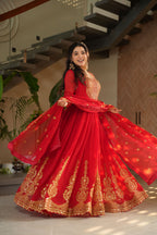 Jyoti Fashion Red Faux Blooming Embroidered Anarkali Set with Dupatta | Grocsy
