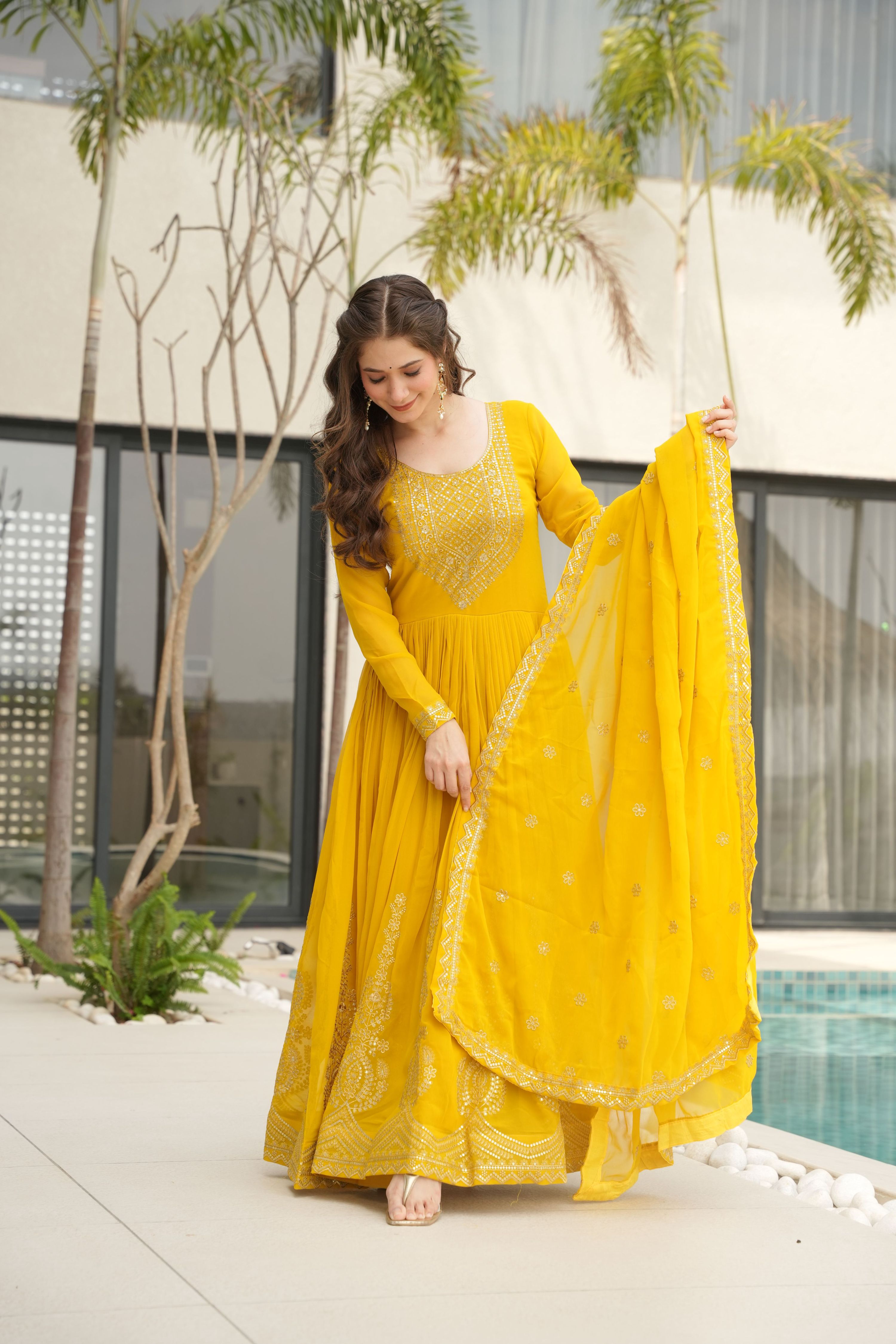 Jyoti Fashion Yellow Faux Blooming Embroidered Anarkali Set with Dupatta | Grocsy