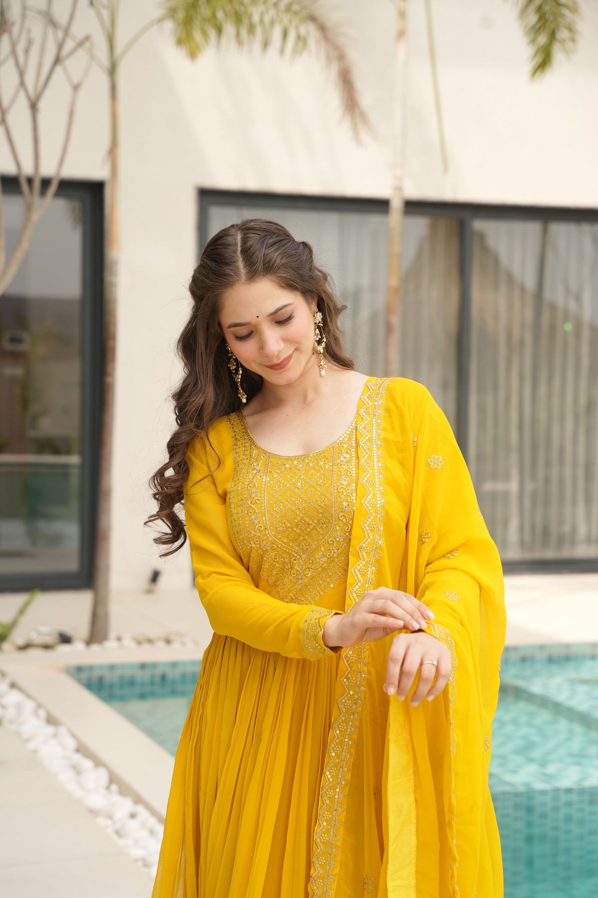 Jyoti Fashion Yellow Faux Blooming Embroidered Anarkali Set with Dupatta | Grocsy