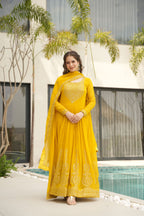 Jyoti Fashion Yellow Faux Blooming Embroidered Anarkali Set with Dupatta | Grocsy