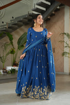 Jyoti Fashion Blue Chinon Sequins Embroidered Anarkali Set with Dupatta | Grocsy