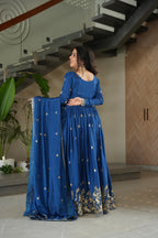 Jyoti Fashion Blue Chinon Sequins Embroidered Anarkali Set with Dupatta | Grocsy
