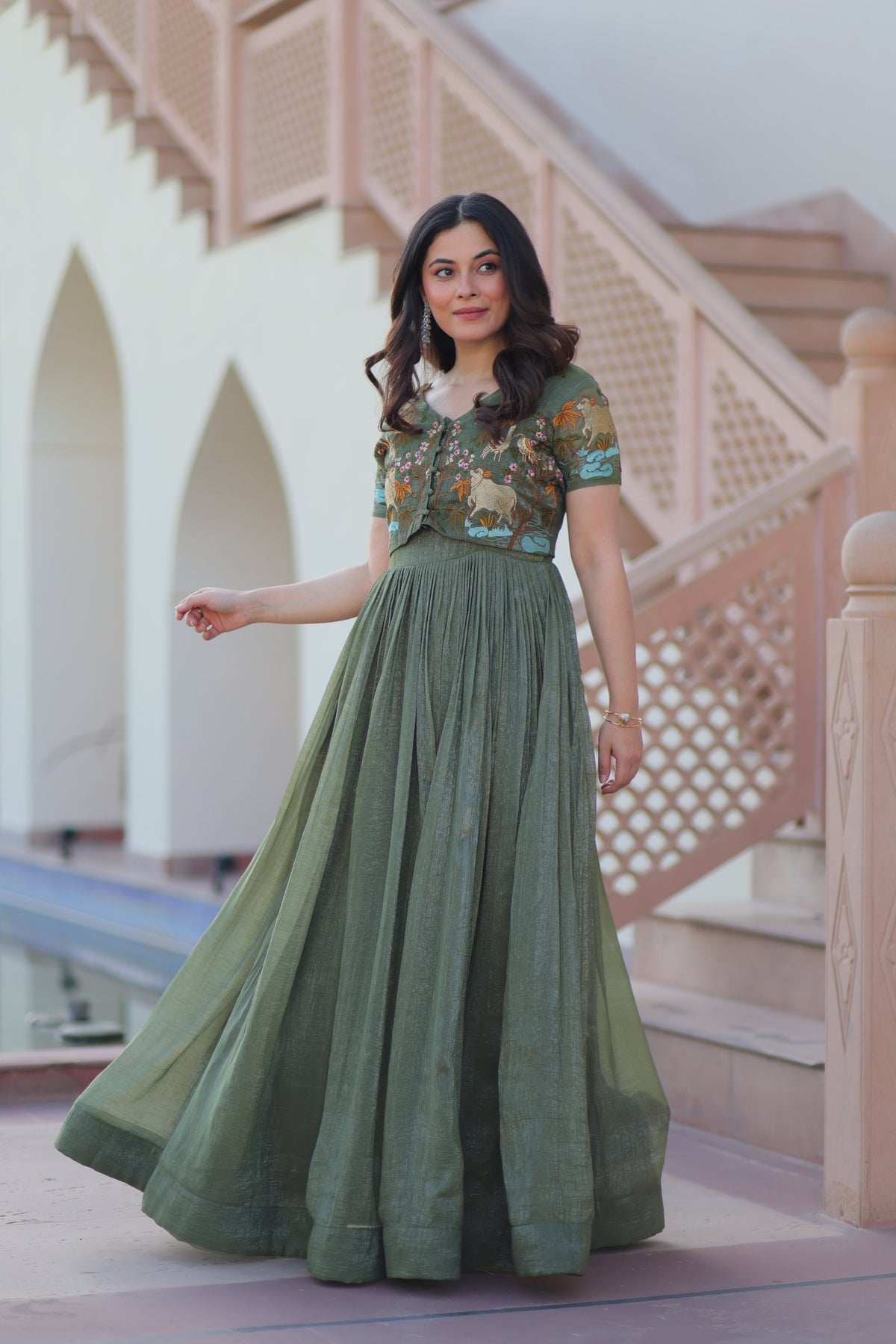 Jyoti Fashion Green Silver Crunchy Designer Anarkali Set with Koti | Grocsy