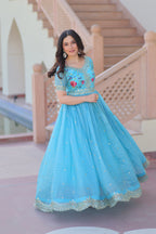 Jyoti Fashion Sky Blue Gold Crush Thread Embroidered Anarkali Set | Grocsy