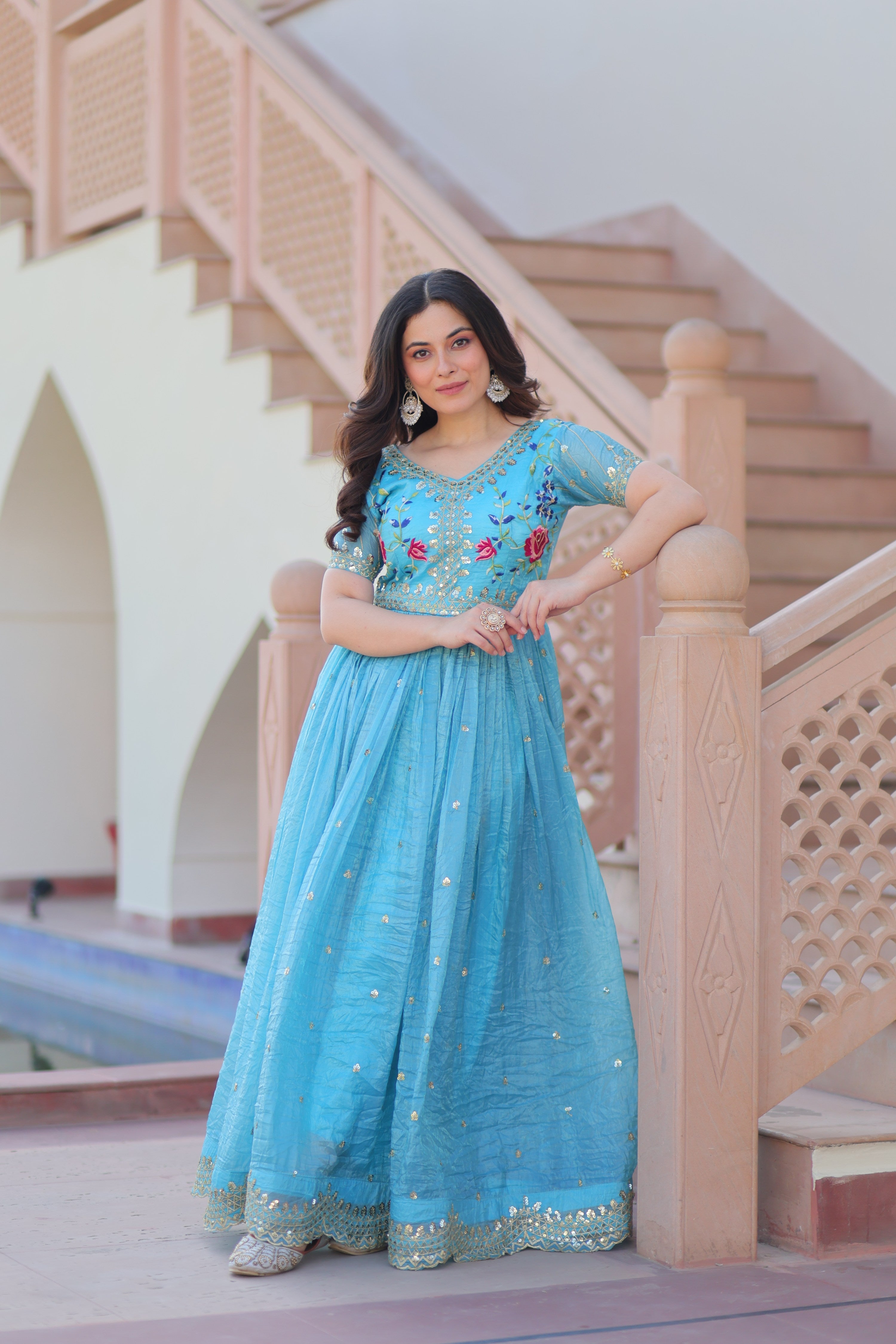 Jyoti Fashion Sky Blue Gold Crush Thread Embroidered Anarkali Set | Grocsy
