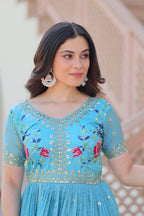 Jyoti Fashion Sky Blue Gold Crush Thread Embroidered Anarkali Set | Grocsy