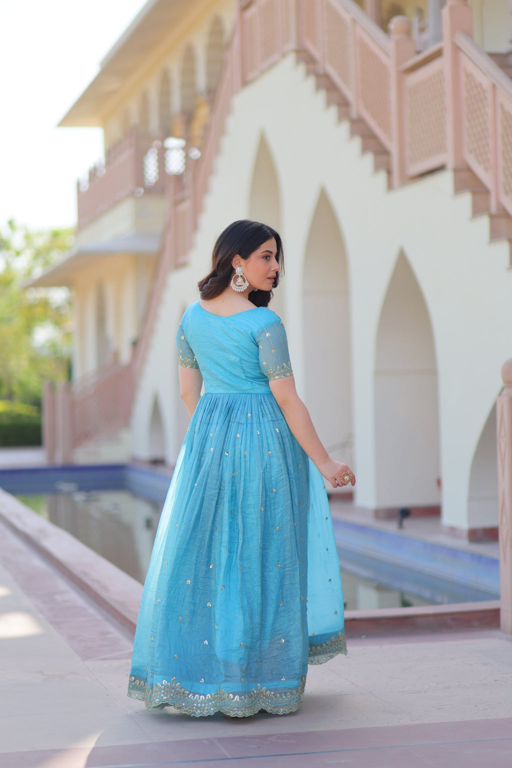 Jyoti Fashion Sky Blue Gold Crush Thread Embroidered Anarkali Set | Grocsy