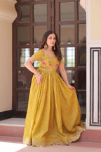 Jyoti Fashion Mustard Gold Crush Thread Embroidered Anarkali Set | Grocsy