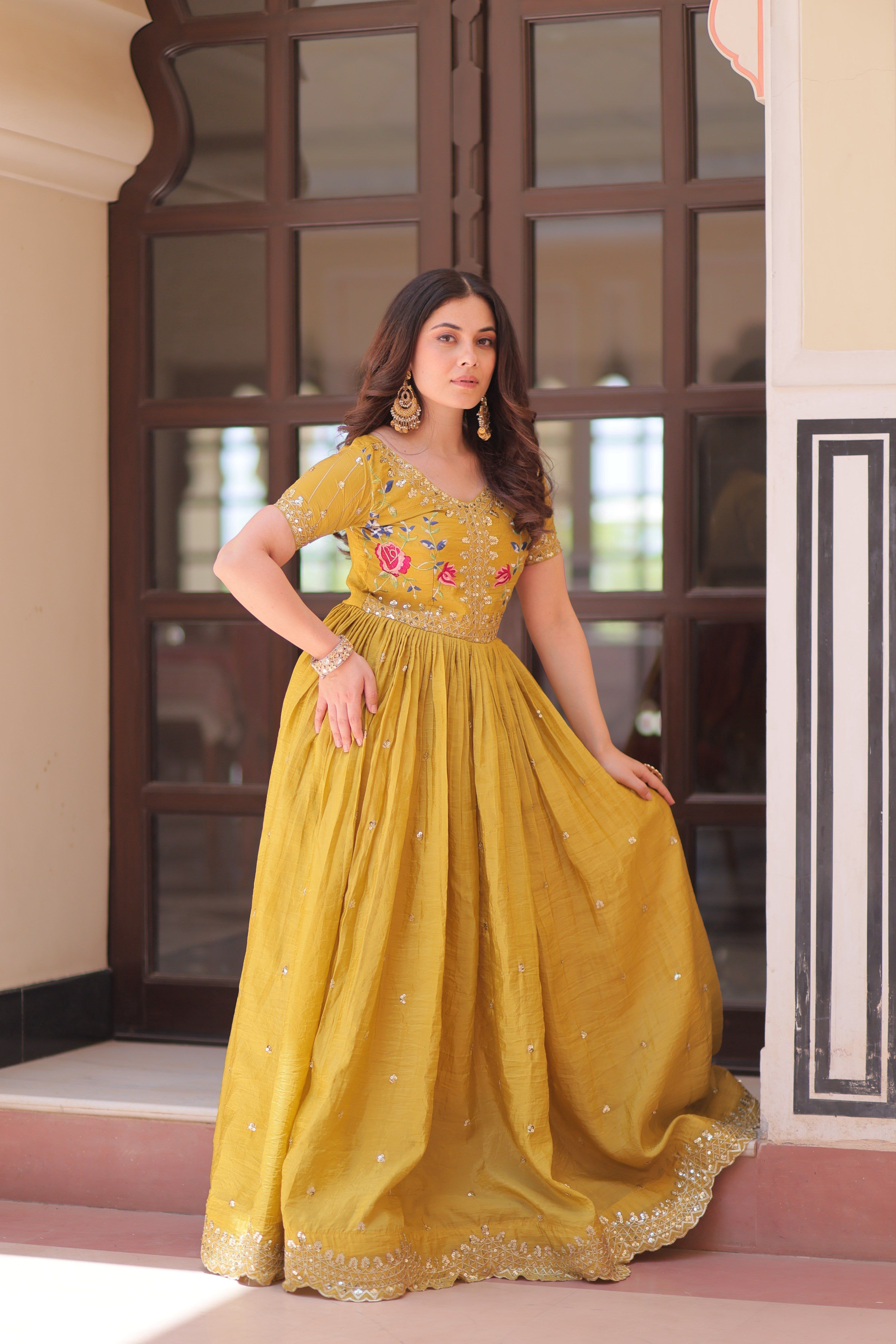 Jyoti Fashion Mustard Gold Crush Thread Embroidered Anarkali Set | Grocsy