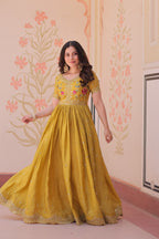 Jyoti Fashion Mustard Gold Crush Thread Embroidered Anarkali Set | Grocsy