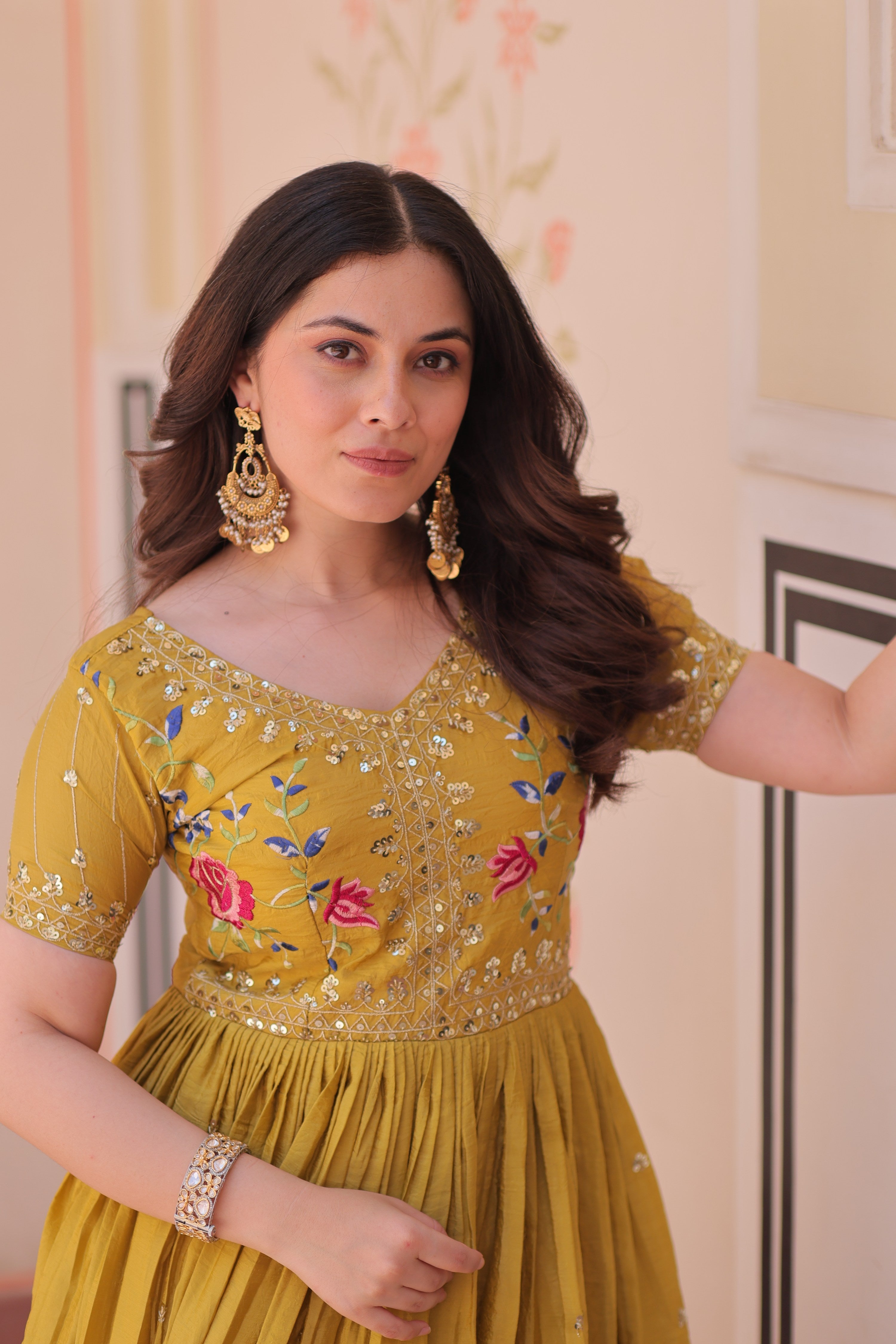 Jyoti Fashion Mustard Gold Crush Thread Embroidered Anarkali Set | Grocsy