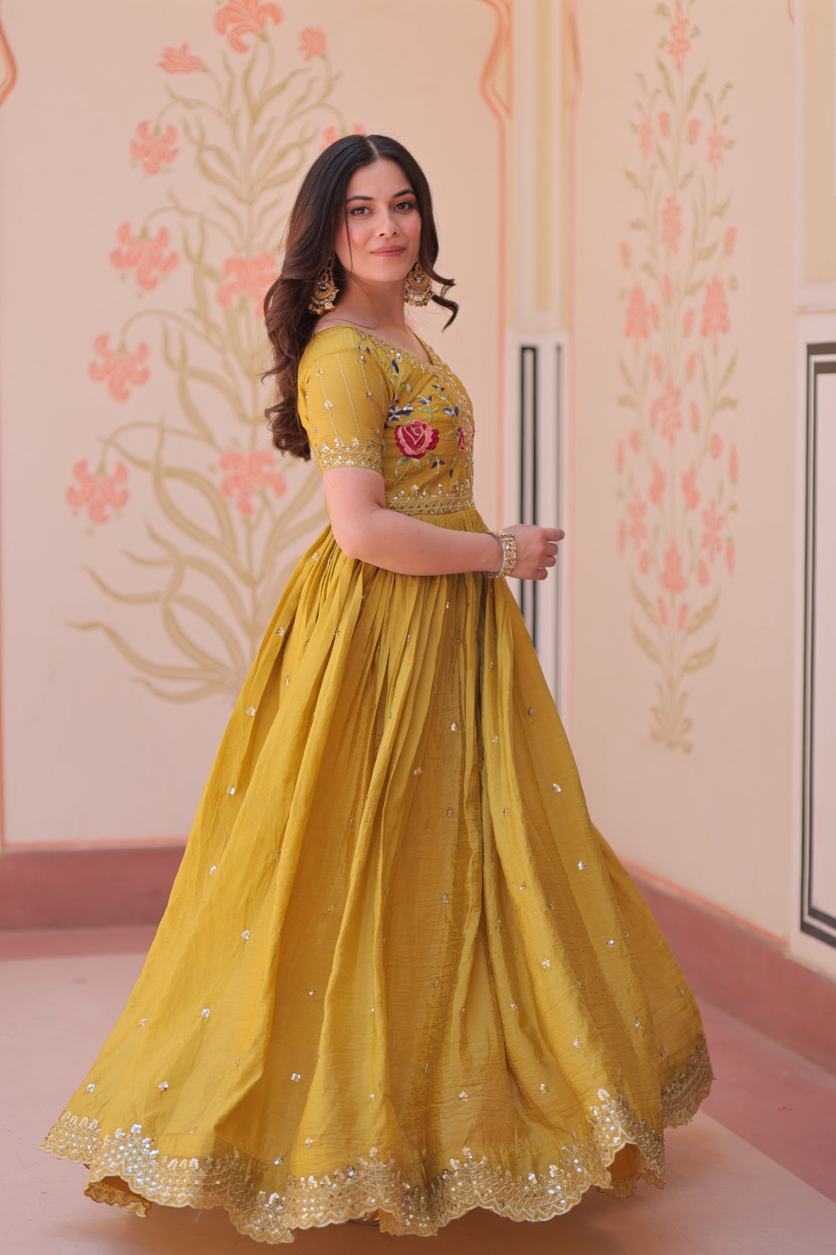 Jyoti Fashion Mustard Gold Crush Thread Embroidered Anarkali Set | Grocsy