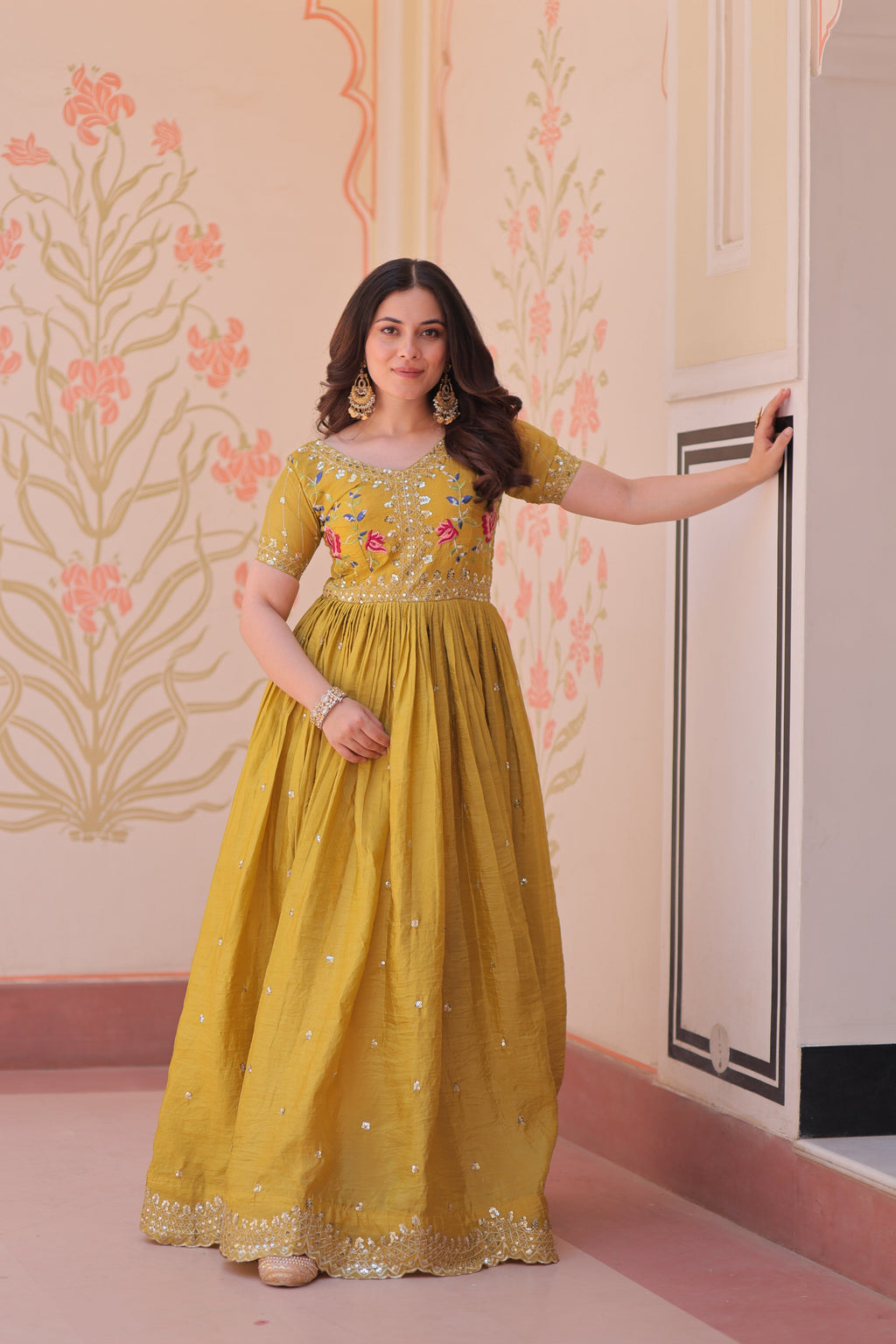 Jyoti Fashion Mustard Gold Crush Thread Embroidered Anarkali Set | Grocsy