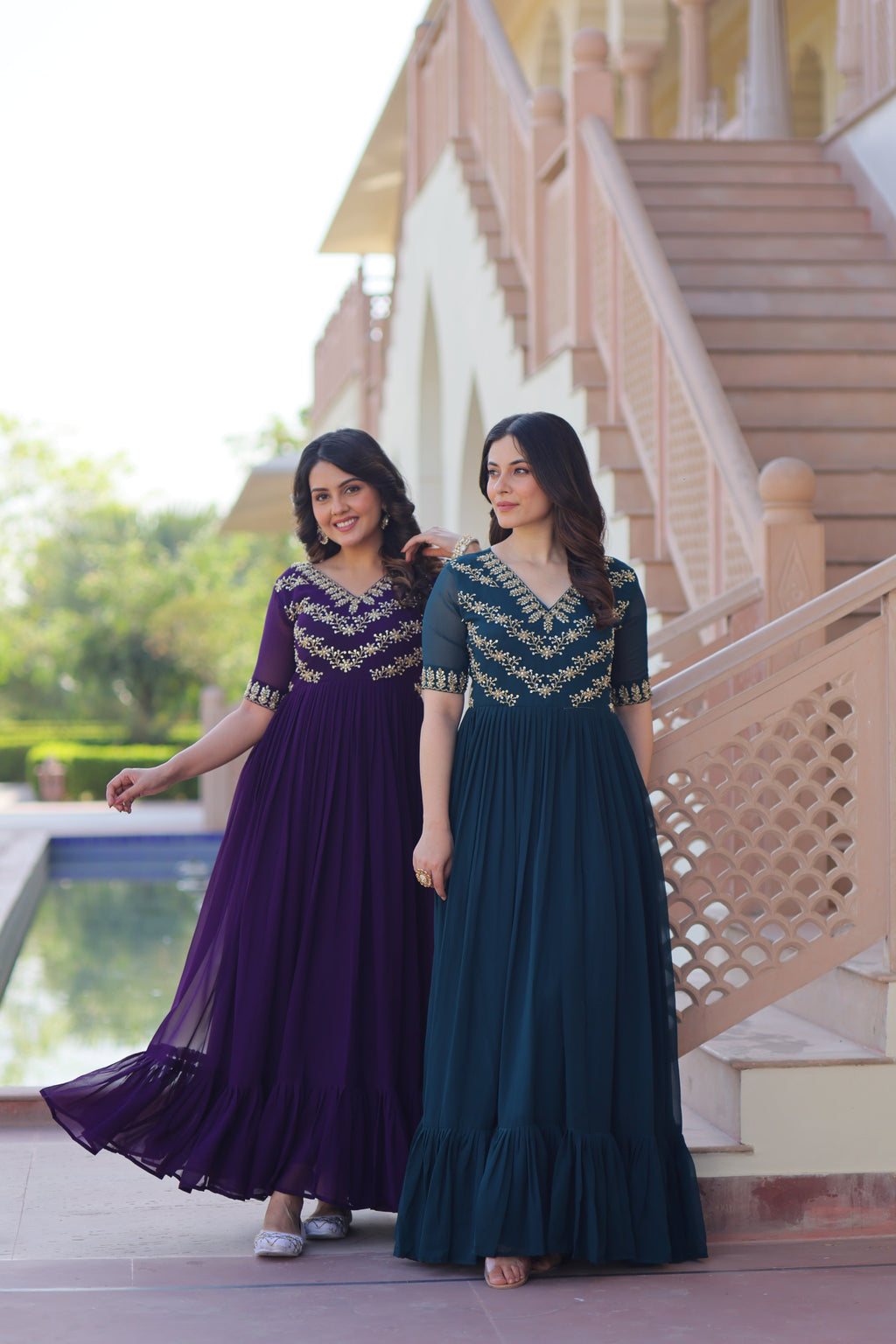 Jyoti Fashion Purple & Rama Faux Blooming Beads Embroidered Combo Anarkali Set | Grocsy