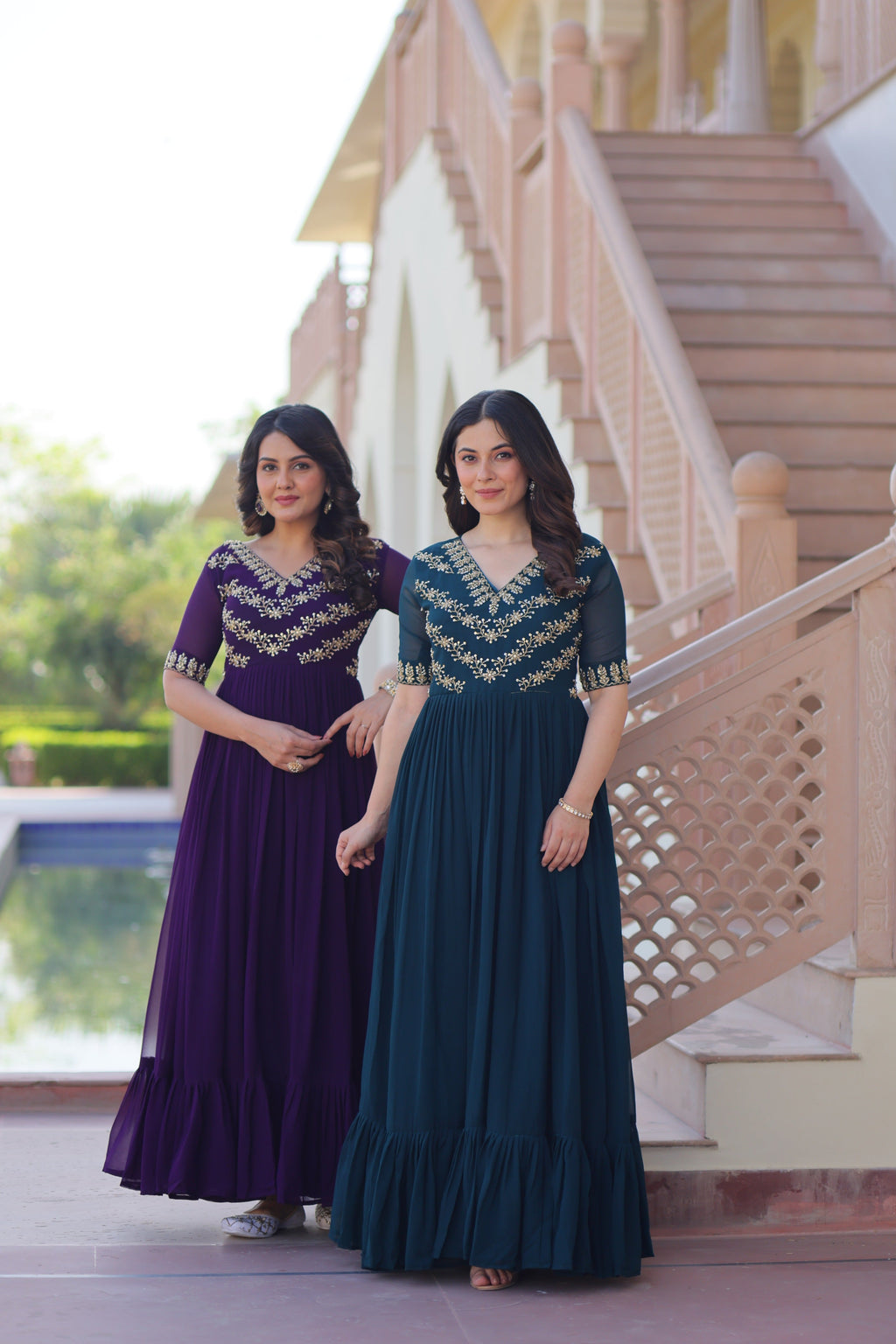 Jyoti Fashion Purple & Rama Faux Blooming Beads Embroidered Combo Anarkali Set | Grocsy