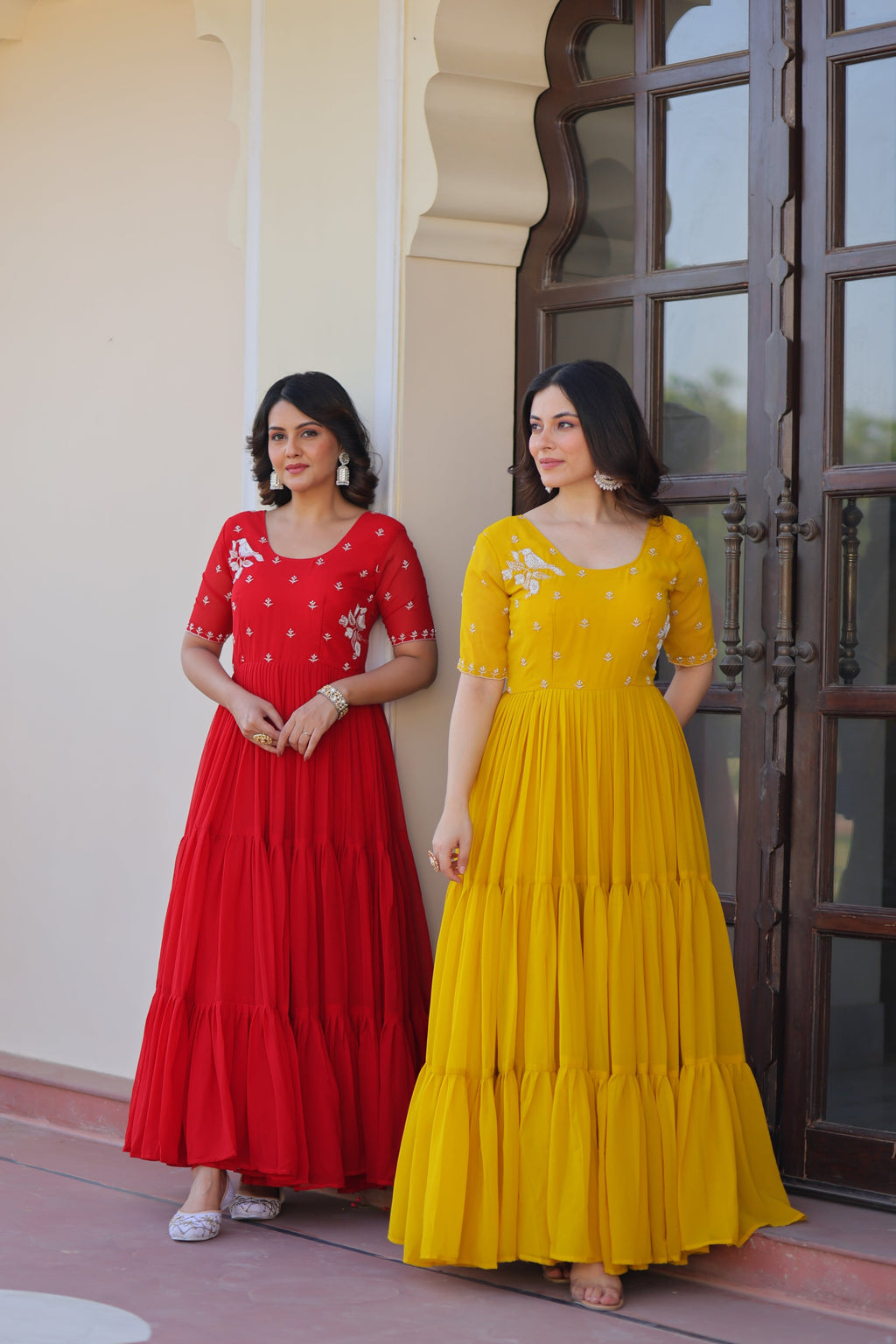Jyoti Fashion Red & Yellow Faux Blooming Beads Embroidered Combo Anarkali Set | Grocsy