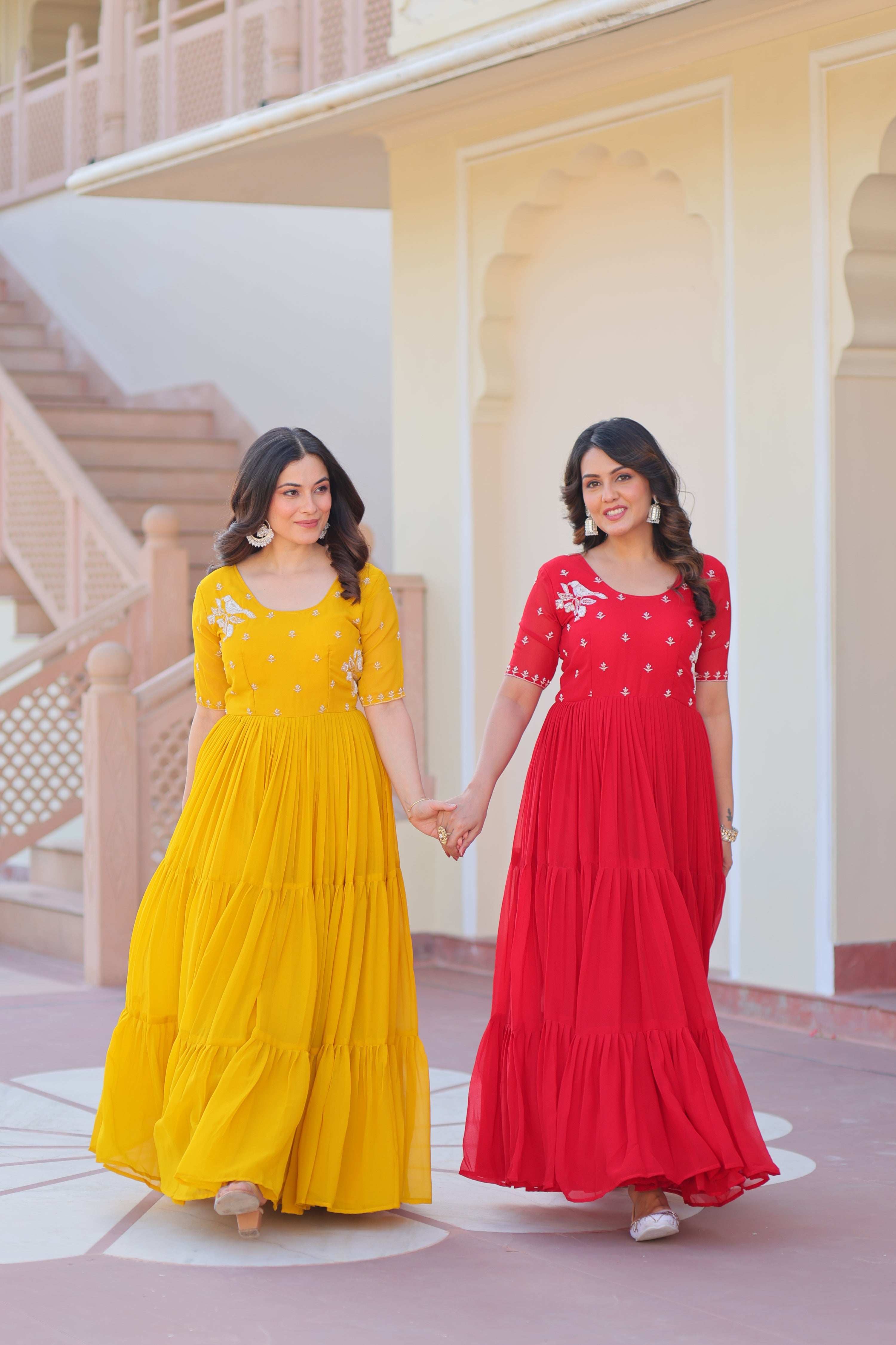 Jyoti Fashion Red & Yellow Faux Blooming Beads Embroidered Combo Anarkali Set | Grocsy