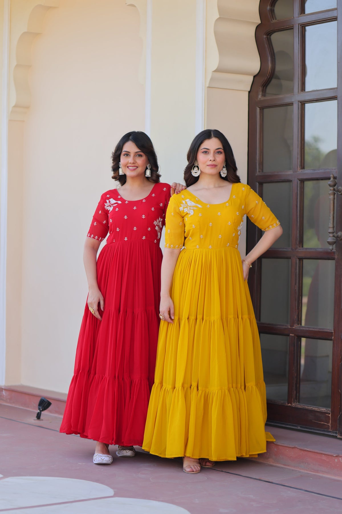 Jyoti Fashion Red & Yellow Faux Blooming Beads Embroidered Combo Anarkali Set | Grocsy