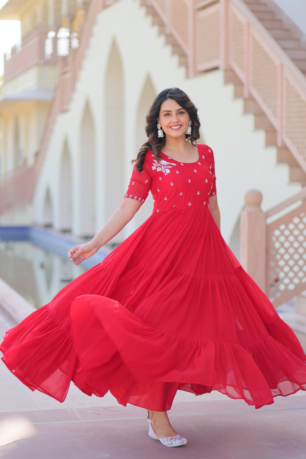 Jyoti Fashion Red Faux Blooming Beads Embroidered Anarkali Set | Grocsy