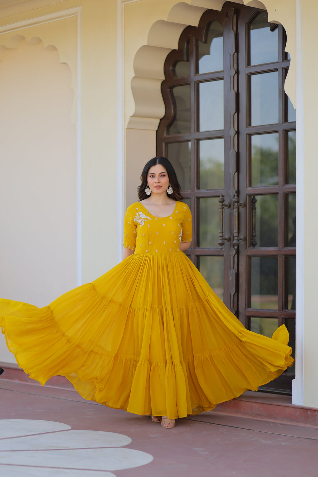 Jyoti Fashion Yellow Faux Blooming Beads Embroidered Anarkali Set | Grocsy