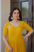 Jyoti Fashion Yellow Faux Blooming Beads Embroidered Anarkali Set | Grocsy